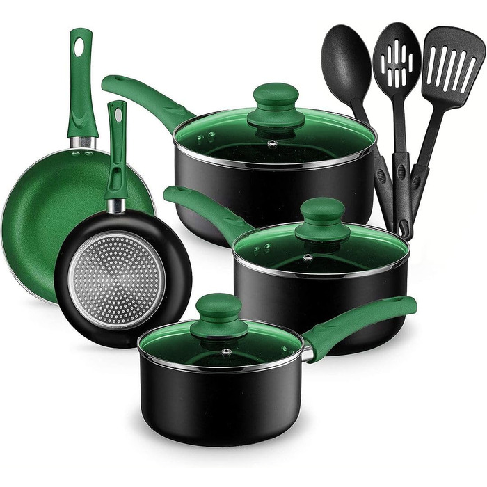 Набір каструль та сковорідок Chef's Star, 11 предметів, антипригарне покриття, алюміній, зелений
