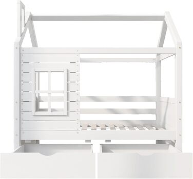 Дитяче ліжко 80x160 см з ящиками та віконцем, масивне дерев'яне ліжко з бортиками та ламелями, ліжко-будиночок для хлопчиків та дівчаток, ліжко-будиночок, ліжко для підлітків, без матраца, біле