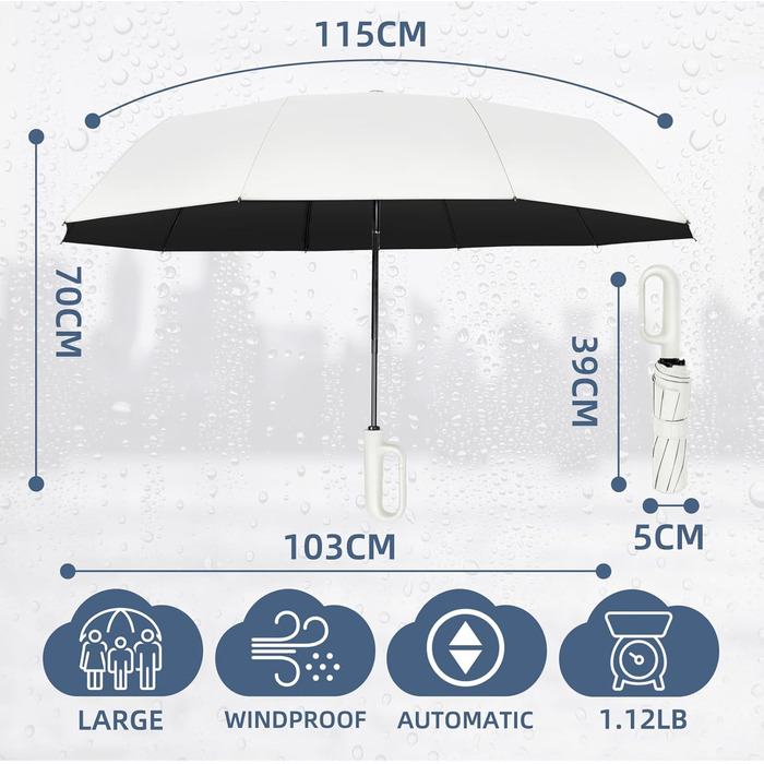 Компактна парасолька ZOMAKE Foldable Stormproof - 10 ребер, автоматична, вітрозахисна, біла