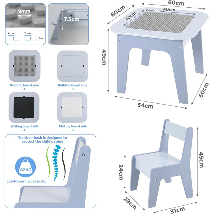 Дитячий стіл MAMIZO з 2 стільцями: комплект меблів для дитячої кімнати, стіл-мольберт, дитячий столик зі стільцями, блакитний