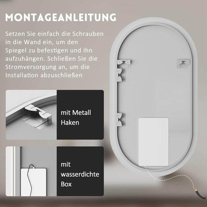 Дзеркало для ванної кімнати з LED-підсвічуванням 40x60 см, 3 кольори світла, сенсорне керування, IP67, енергозберігаюче, для ванної та вітальні