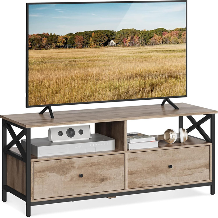Тумба під ТВ VASAGLE, 120 см, для телевізора до 55 дюймів, 2 шухляди, 2 відкриті полиці, сталевий каркас, вінтажний колір, LTV300B01