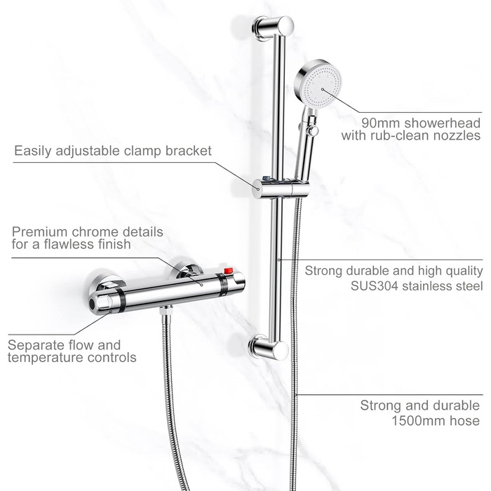 Змішувач для ванни з термостатом, накладний, хром, латунь, з кнопкою безпеки 38°C, для ванни, душ, термостат, водопровідний кран