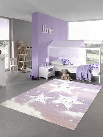 Килим-мрія, килим для дитячої кімнати, килимок для ігор, небо, хмари, зірки, дизайн, розмір (140x200 см, кремово-рожевий)