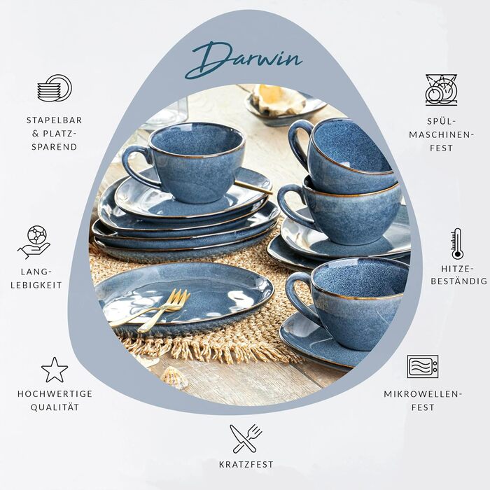 Кавовий сервіс SÄNERG Darwin 12 предметів, керамічний сервіз на 4 особи, блакитний, 300 мл, преміум-колекція