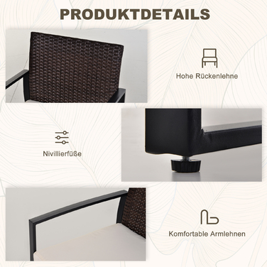 Садовий набір Outsunny Poly Rattan для 2 осіб Балконні меблі з подушками коричневого та кремового кольорів, ідеально підходить для патіо та саду