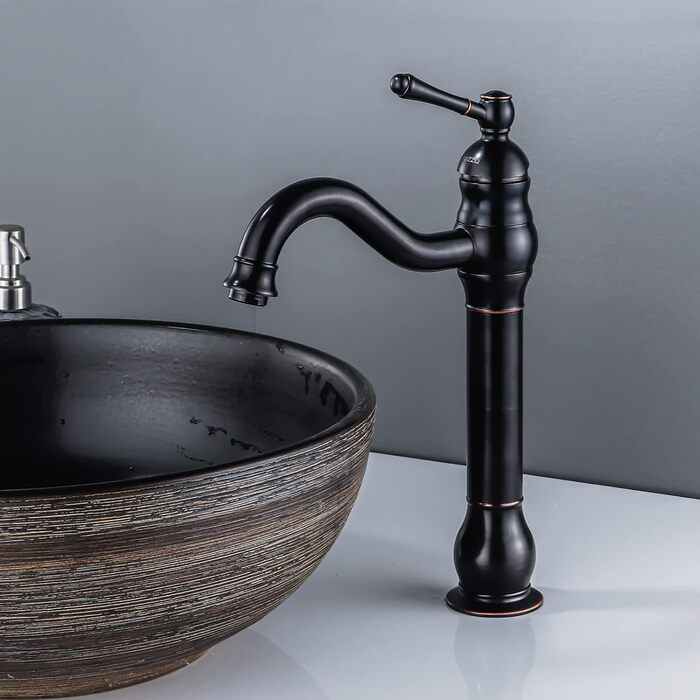 Змішувач для ванної кімнати чорний ретро, змішувач для умивальника високий поворотний на 360 , одноважільні крани для умивальника, ностальгічний латунний змішувач для ванної кімнати з чорним маслом, натертий бронзовою щіткою