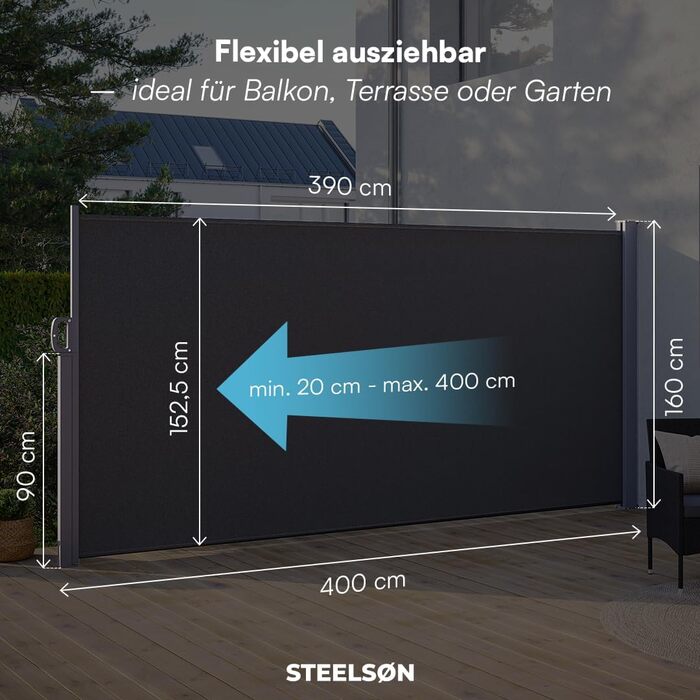 Розсувна бічна маркіза STEELSØN Zirella 180x400 см, антрацит, алюміній, захист від сонця та вітру для балкона і саду, щільна тканина, настінне кріплення
