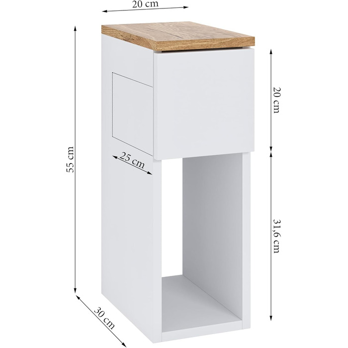 Приліжкова тумбочка ComfortCove, вузька, з відділенням для зберігання, W20 x H55 x D30 см, біла