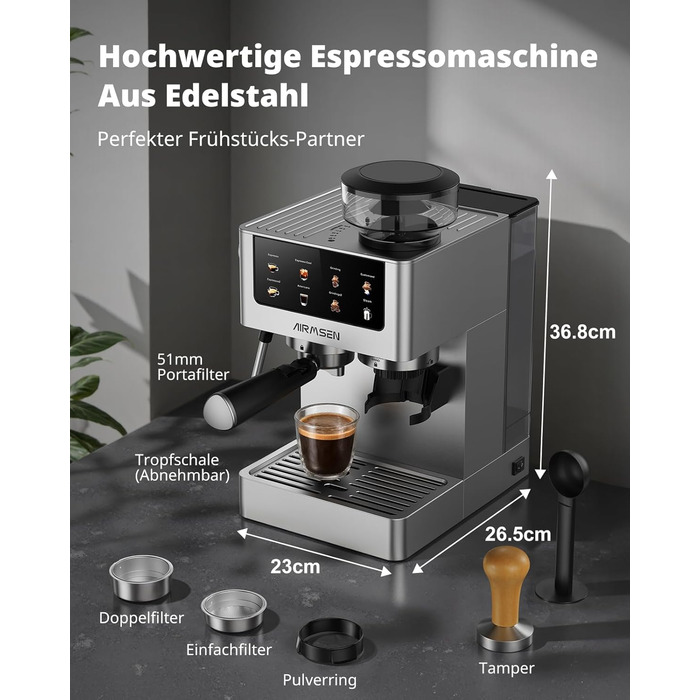 Еспресо-машина Siebträger з прозорою колбою, 20 Bar, автоматичний спінювач молока, для капучино та лате, Dual Boiler (1350W & 1000W), 15s екстракція, нержавіюча сталь, бак 1.8L, сенсорний дисплей, автоматичний спінювач молока (з млинком)