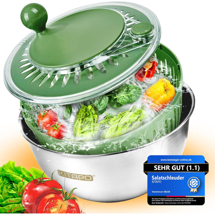Салатниця-швидкоочисник з нержавіючої сталі з ручним приводом, 4.5л [2-в-1, випуск води, придатна для миття в посудомийній машині, неслизька]