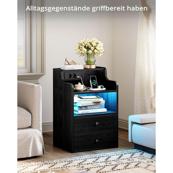 Нічний столик IRONCK з LED-підсвічуванням, розеткою та функцією зарядки, з ящиками, чорний