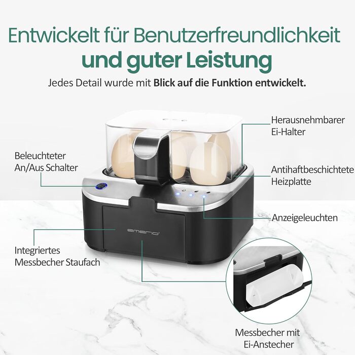 Електричний яйцеварка Emerio SIEGER: 3 ступені нагріву, голосове сповіщення, BPA Free, EB-123177.1, чорний/сріблястий