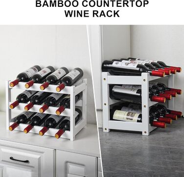 Стійка для вина VASMIA з бамбука, 3-ярусна, на 12 пляшок, для кухні/комори, білий колір