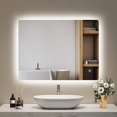 Дзеркало для ванної кімнати EMKE з підсвічуванням 80x60 см, з полицею, протизапотівальне, регульоване холодне біле світло 6500K, сенсорне керування, функція пам'яті, безрамкове дзеркало для ванної кімнати