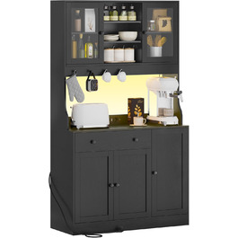 Чорний кухонний шафка з робочою поверхнею, буфет з LED-підсвіткою, розеткою, ящиками та регульованими полицями (103.5 x 40 x 180 см)