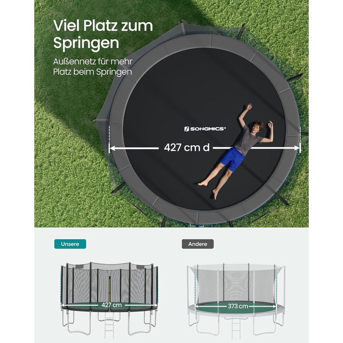 Батут SONGMICS вуличний Ø427 см з захисною сіткою, драбиною та м'якими стійками, чорний