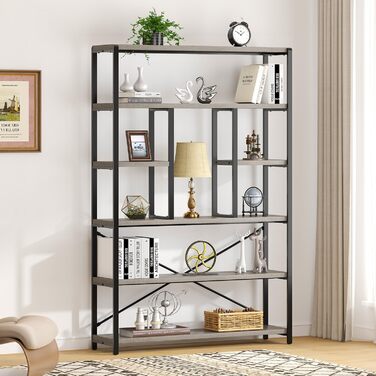 Стильна полиця-стеллаж LVB з 6 рівнями для вітальні, робочого кабінету, кухні, 180 см (світло-сіра ельха)