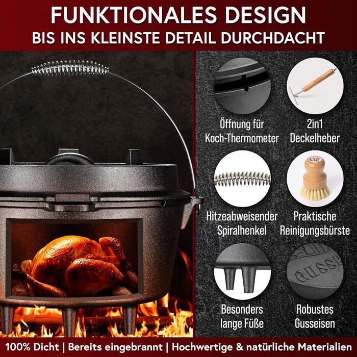 Набір голландської печі: чавунний казанок 7 літрів (3-6 осіб) з ніжками, подвійна функція, кришка-підйомник, щітка та кулінарна книга Dutch Oven. 30 років гарантії.