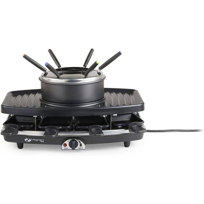 Набір для раклет, фондю та гриль MAGNANI 3 в 1 на 8 осіб з регулюванням температури, виделки та сковорідки, 1100W, антипригарне покриття