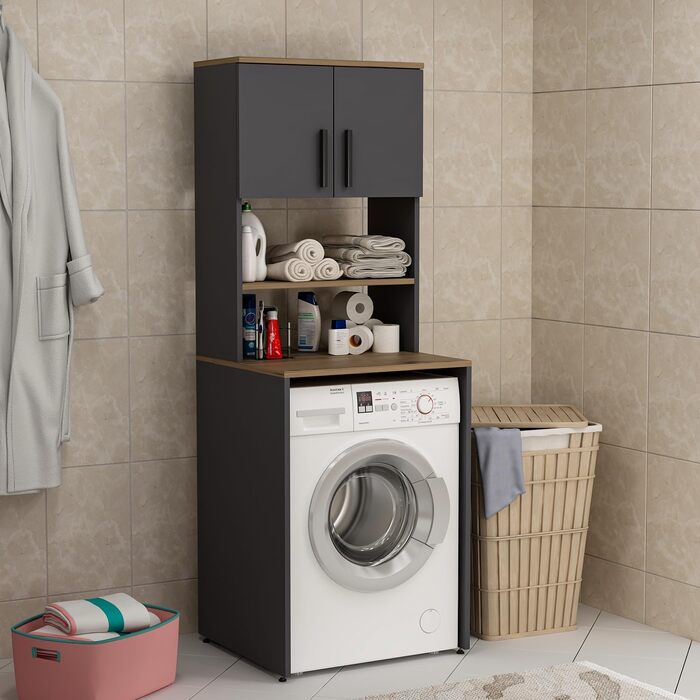Шафа для пральної машини Homidea MIA - висока шафа для ванної кімнати - настінний шкаф для пральної машини та сушилки для білизни для кухні та ванної кімнати 182.1 x 65 x 60 см (Антрацит/Дуб) Антрацит / Дуб