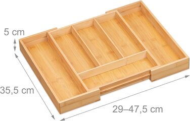 Лоток для столових приборів Relaxdays, бамбуковий, HBT 5 x 29-47,5 x 35,5 см, 4-6 відділень, вставка в шухляду, натуральний