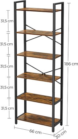 Книжкова шафа VASAGLE, 6 ярусів, сталевий каркас, 30x66x186 см, вінтажний дизайн