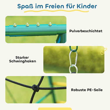 Комплекс для ігор 5-в-1 з регульованою гойдалкою-гніздечком, кільцями для гімнастики, двомісною гойдатю та комплексом для лазіння, призначений для дітей 3-8 років, розміром 440x175x203 см.
