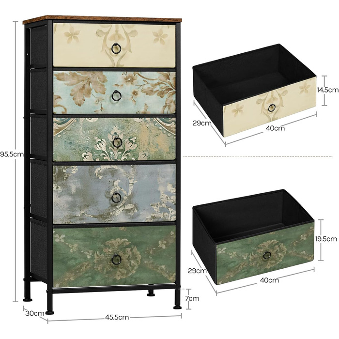 Комод WOLTU з 5 висувними ящиками з тканини, шафа-комод, тумбочка, для спальні, вітальні, коридору, з металевим каркасом та ДСП, SSK004whe (Рустичний коричневий + чорний + вінтажний квітковий мотив, 1)