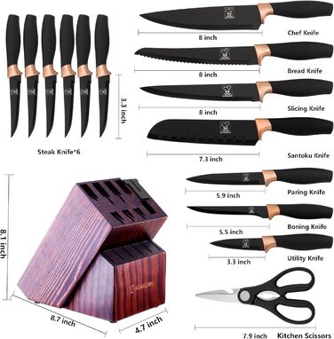 Набір кухонних ножів Chefhoablorn 15 предметів з нержавіючої сталі. Професійний набір ножів для кухні, подарунок на новосілля/весілля. Чорний блок ножів.