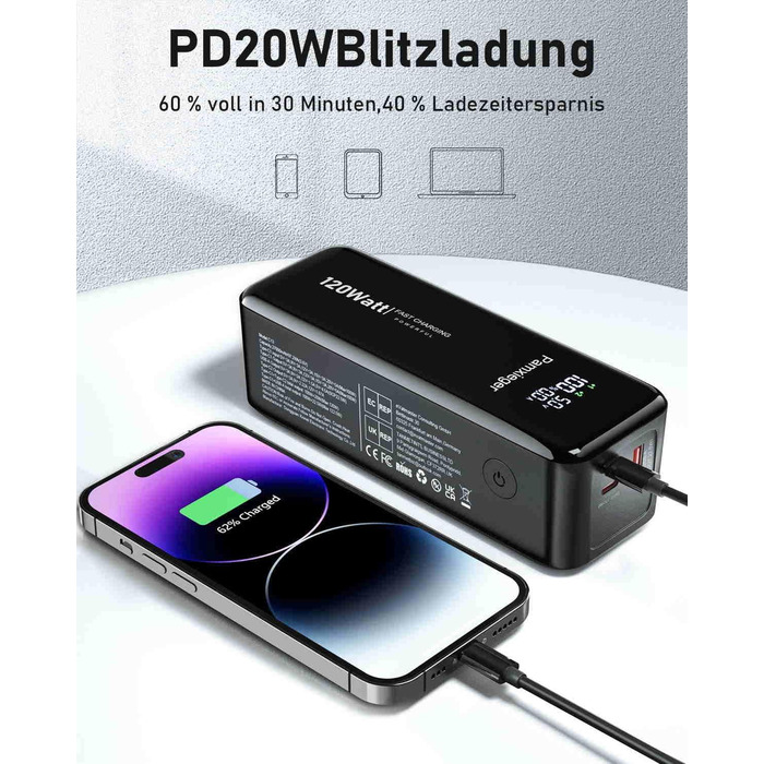 Вт 27000 мАг, компактний павербанк зі швидкою зарядкою з USB-C і LCD для мобільного телефону/ноутбука, 120