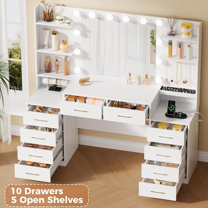 Трюмо BEWISHOME з дзеркалом, регульованою LED-підсвіткою та розетками, 10 шухлядами, 5 полицями, гачками та органайзером для прикрас, сучасний дизайн, білий колір, EFST52W