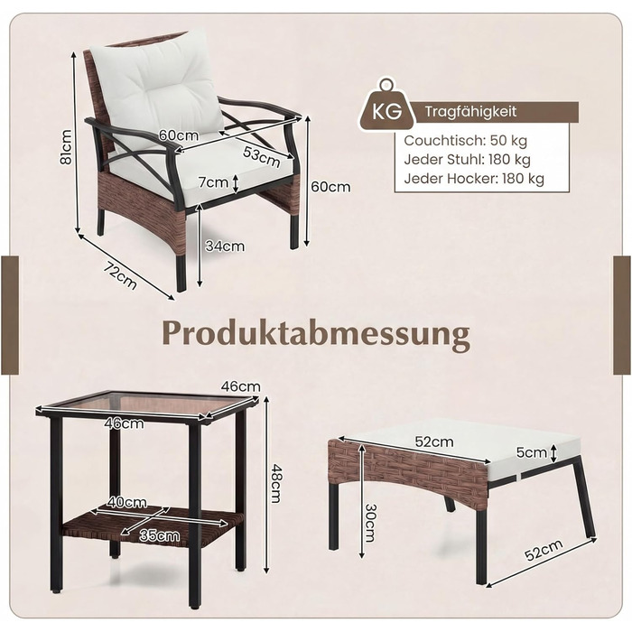 Садовий набір меблів COSTWAY з ротангу, 5 предметів: 2 крісла з подушками, пуф та стіл для балкона, тераси, саду (коричневий + бежевий)