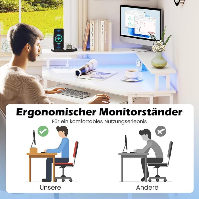 COSTWAY кутовий стіл з зарядкою, трикутний кутовий стіл з LED, підставка для клавіатури та підставка для монітора, ігровий стіл економія простору, кутовий стіл для дому, офісу (білий)
