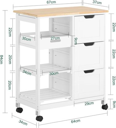 Сервісний візок SoBuy з колесами – кухонний візок з 2 знімними полицями та підносом – візок для кухні, вітальні, їдальні – 68x85x38 см, до 50 кг, MDF, FKW79-SCH (Білий)