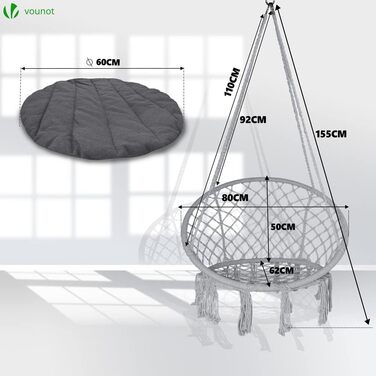 Підвісне крісло-гойдалка VOUNOT з полицею для книг та подушкою, для дому та саду, діаметр сидіння 80 см, X-Large (Сірий)