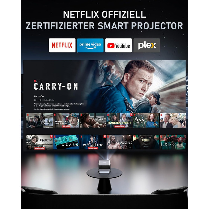 XuanPad Проектор 1080P з WiFi, Bluetooth та AI-автофокусом, 30000 люмен, поворотний на 210°, автоматична корекція Keystone, захист від пилу та система охолодження, сертифікований Netflix