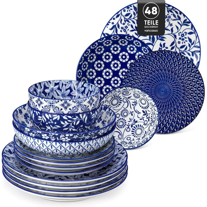 Набір кавових чашок Vancasso Selene, 6 шт., 360 мл, блакитно-білий вінтажний дизайн, для кави, молока, чаю та какао