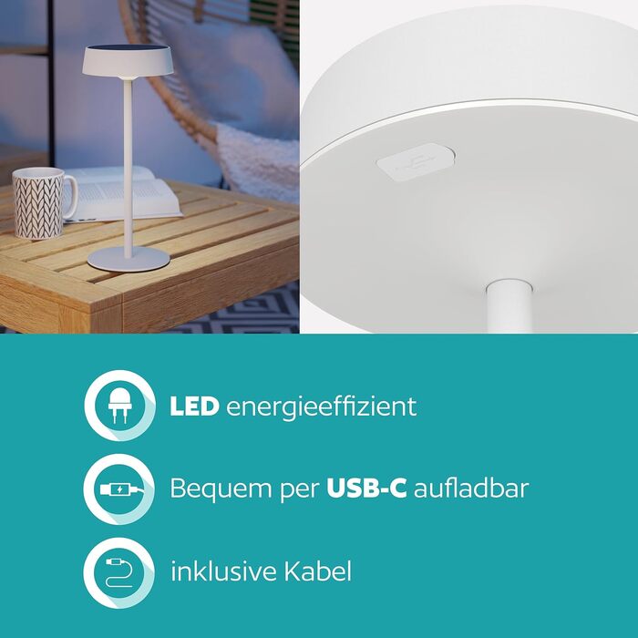 LED сонячна настільна лампа EGLO Simeri для вулиці, бездротова, акумуляторна, торкання, регулювання яскравості, металева, IP54