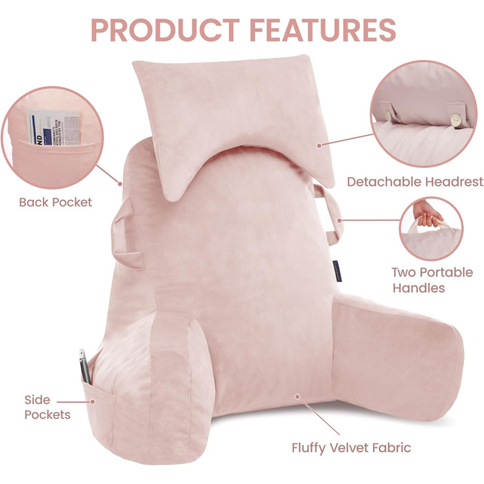 Портативне подушкове крісло для читання з підголовником (Oeko-Tex), м'яке крісло з підлокітниками та кишенями для дорослих, зручне ліжко-подушка з memory foam для гуртожитку (Рожевий, Преміум Великий)