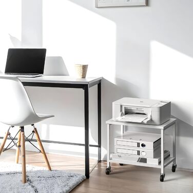 Двоярусний стіл для принтера з роликами Nandae, 30x42x37 см. Підставка для принтера з дерева та металу, мобільний візок з 4 колесами, полиця для зберігання в офіс або вітальню (білий)