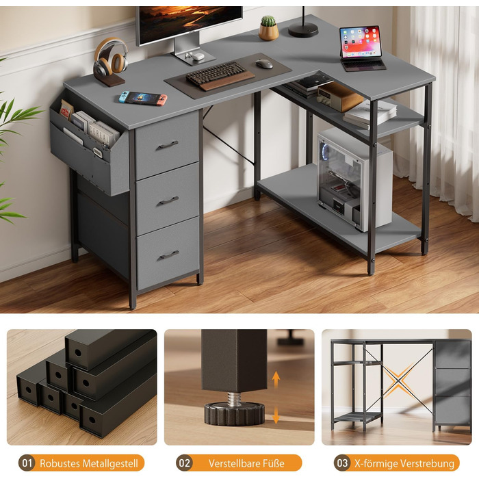 Комп'ютерний стіл HLONONE L-подібний з 3 ящиками для тканини, з полицями та бічною кишеню, для офісу, геймінгу та дому, білий (120 x 80 см, сірий)