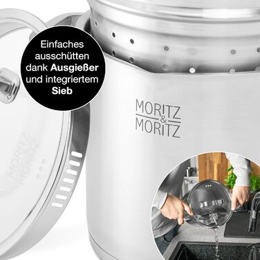 Каструля для локшини Moritz & Moritz з індукційним ситом з нержавіючої сталі 20 см Вбудоване сито в кришці Шкала до 5 л Підходить для всіх типів плит Ідеально підходить для варіння, приготування на пару, смаження у фритюрі та варіння