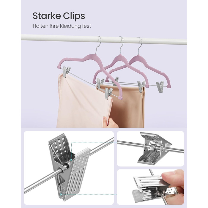 Плечики SONGMICS для одягу, 20 шт., велюрові, для штанів, пальто, суконь, 42,5 см, з регульованими кліпсами, неслизькі, економні, CRF012B20