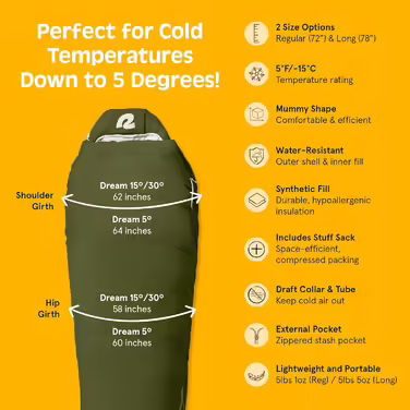 Спальний мішок Retrospec Dream 15°C, мумія, для кемпінгу