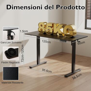 Електричний регульований стіл BONTEC 120x60 см з LED-дисплеєм, 3 пам'яті висоти, тримач для навушників, чорний