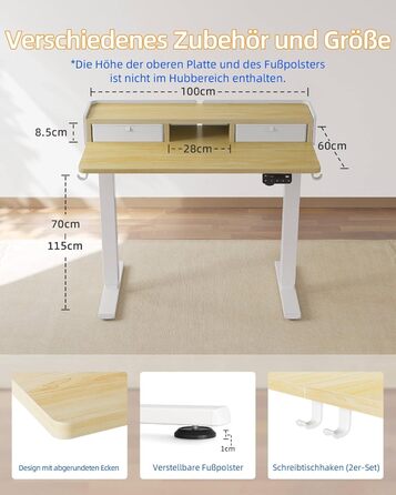 Електричний стіл YIHAYO з ящиками та підставкою для монітора 120x60 см, стіл для стоячи роботи з функцією пам'яті, Natural White (білий каркас/натуральна поверхня)