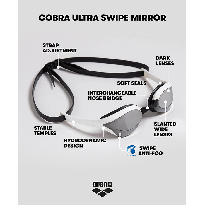 Арена унісекс-плавальні окуляри для дорослих Cobra ULTRA SWIPE MR сріблясто-білого кольору, 1 одномісний