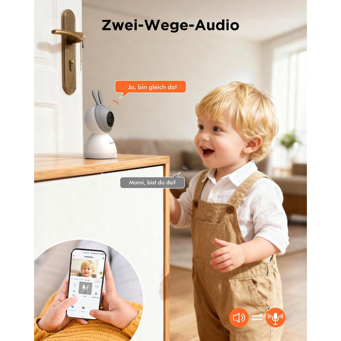 Відеоняня з камерою 1080P HD PTZ 360° та Wi-Fi: монітор для немовлят з додатком, нічним баченням, 4x Zoom, детекцією руху/звуку, двостороннім аудіо, автотрекінгом та сповіщеннями