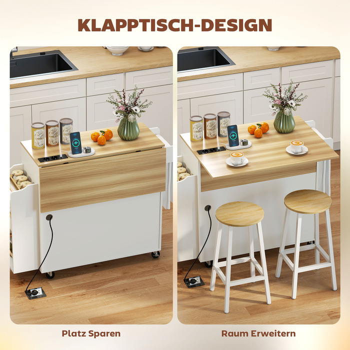 Острів для кухні HOMCOM, кухонний візок на колесах, зі складним робочим столом, ящик для зберігання, полиця, 120 x 68 x 85 см, білий